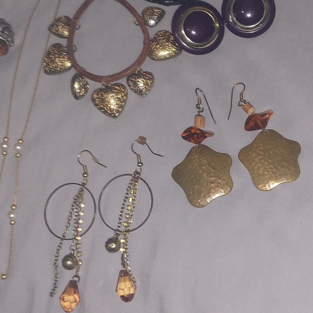 Boho Jewellery LOT: gold pewter amber pearl LOOK costume jewelry leather hearts - Picture 2 of 6